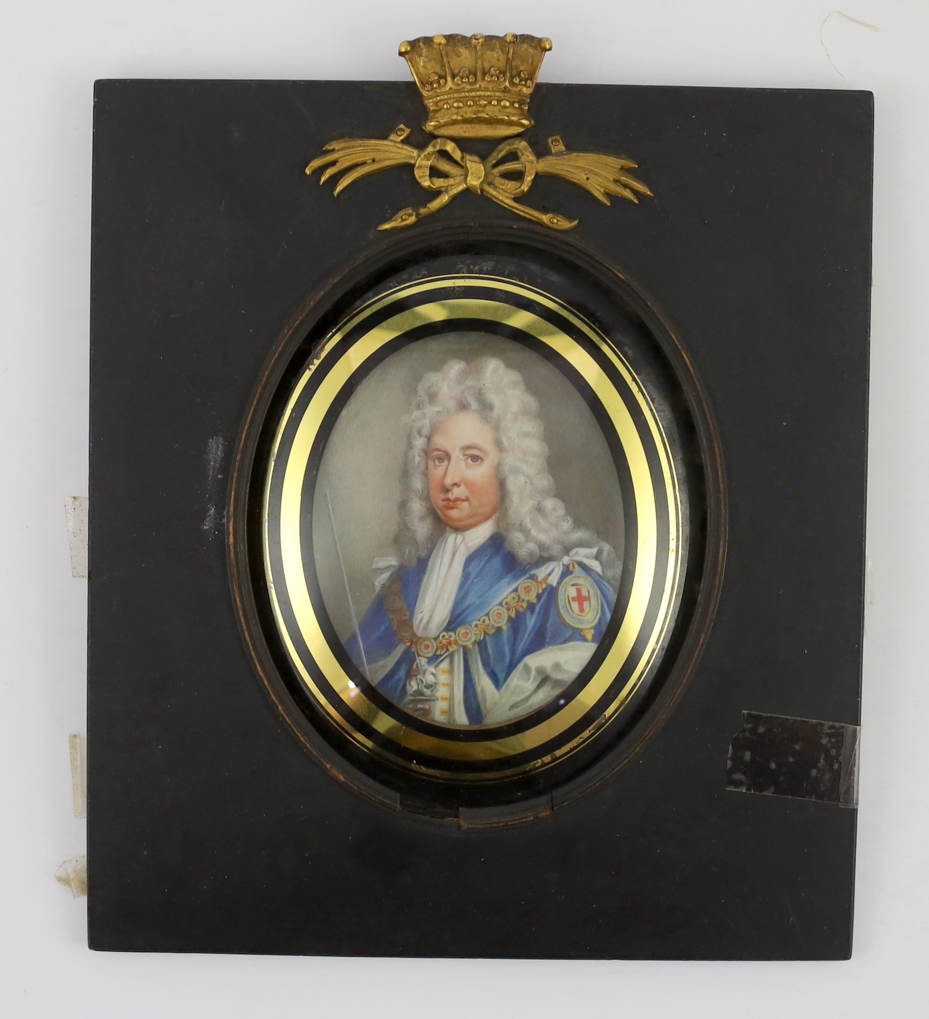 18th century English School , Miniature portrait of Robert Harley, 1st Earl of Oxford and Earl Mortimer, watercolour on ivory, 9 x 7cm. Ivory submission reference: ZMKRQS46